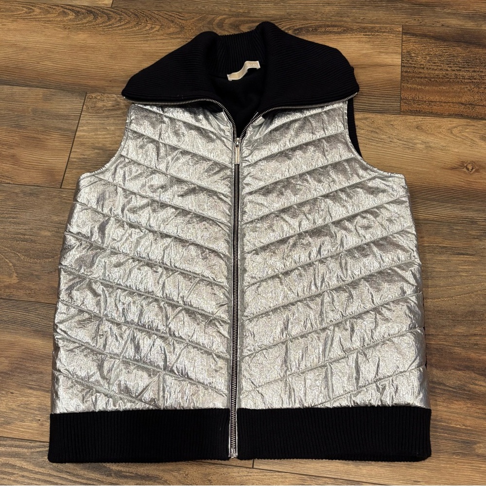 Michael Kors Silver Metallic Quilted Vest with Black Collar size L